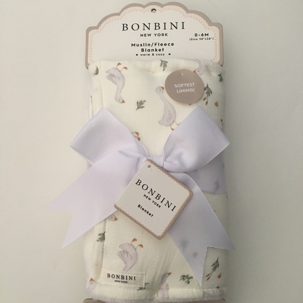 NEW Baby Blanket Muslin Fleece Soft Lining White Goose Theme | Bonbini